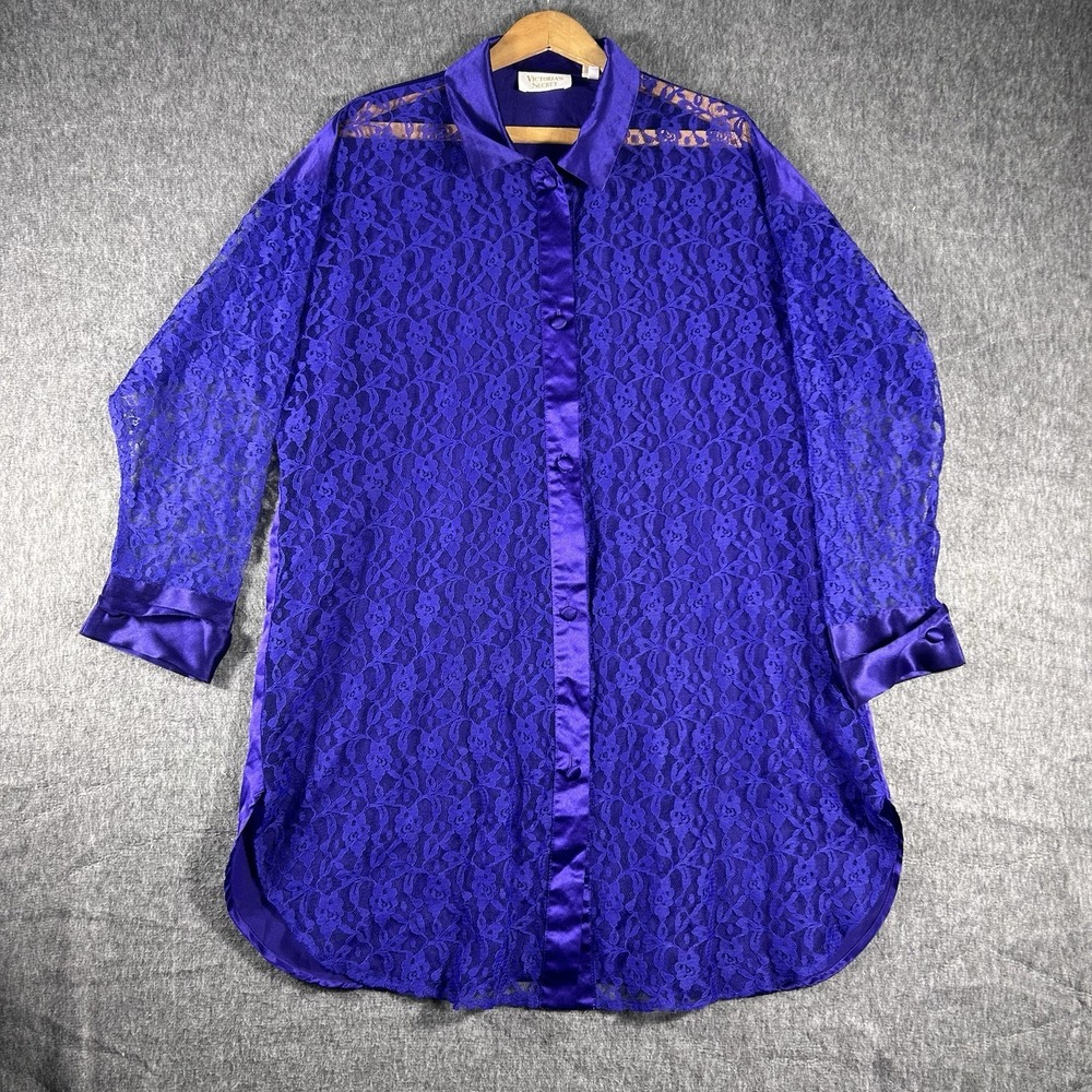 Vintage Victoria Secret Satin Lace Front Short Robe Purple Button Up Womens PS
